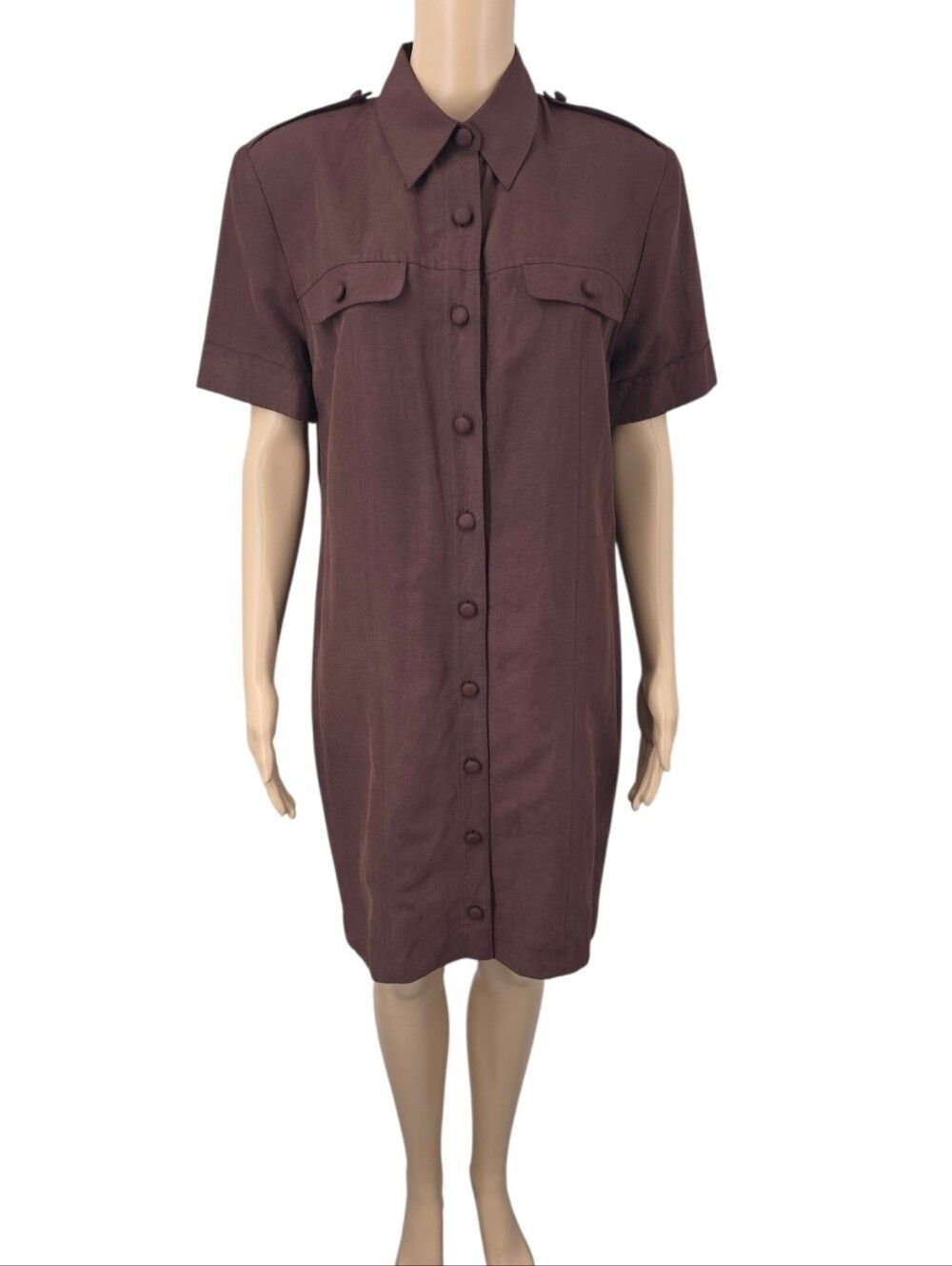 Vintage Silk Linen Brown Button-Front Shirt Dress Midi Length